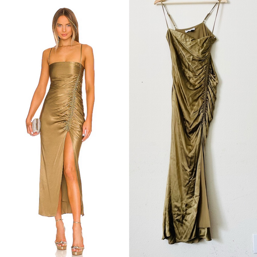 Shona Joy Olive Satin Ruched Midi Dress with Slit